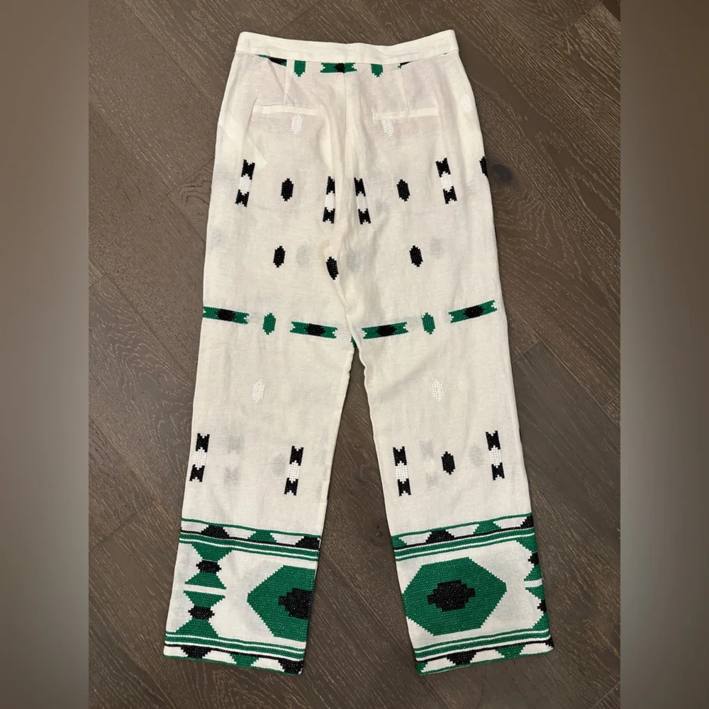 NWT Zara Embroidered Linen Blend Pants | Size S | white black & green - Picture 4 of 4